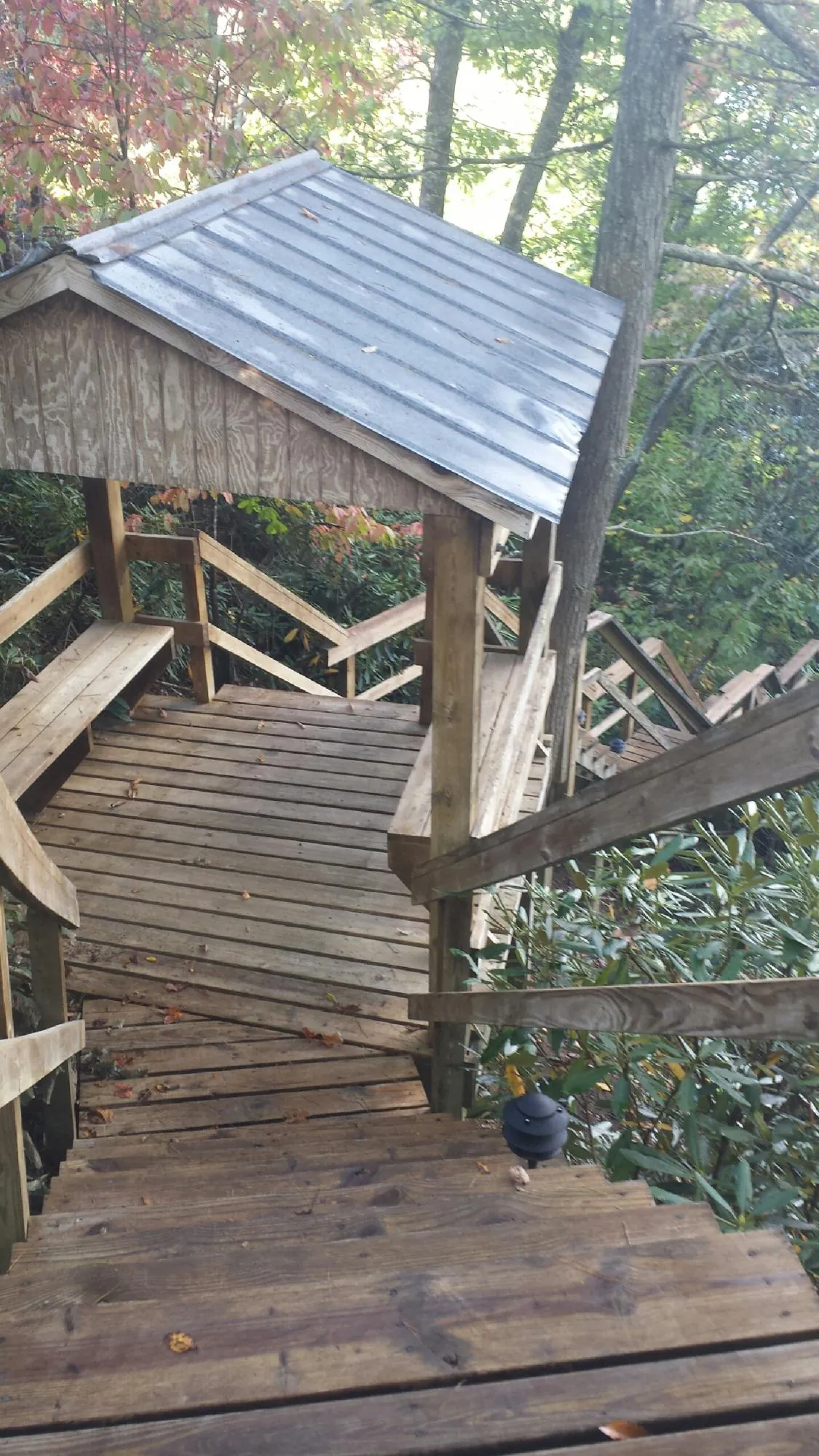 Metal roofed shelter over wooden steps on a wooded walkway — Skylight Repair & Installation work by our crew in Amelia